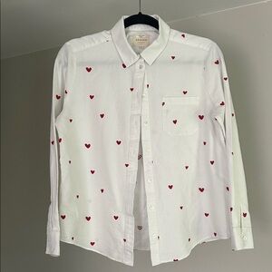 Sézane Tomboy White Button Down Shirt with Embroidered Hearts